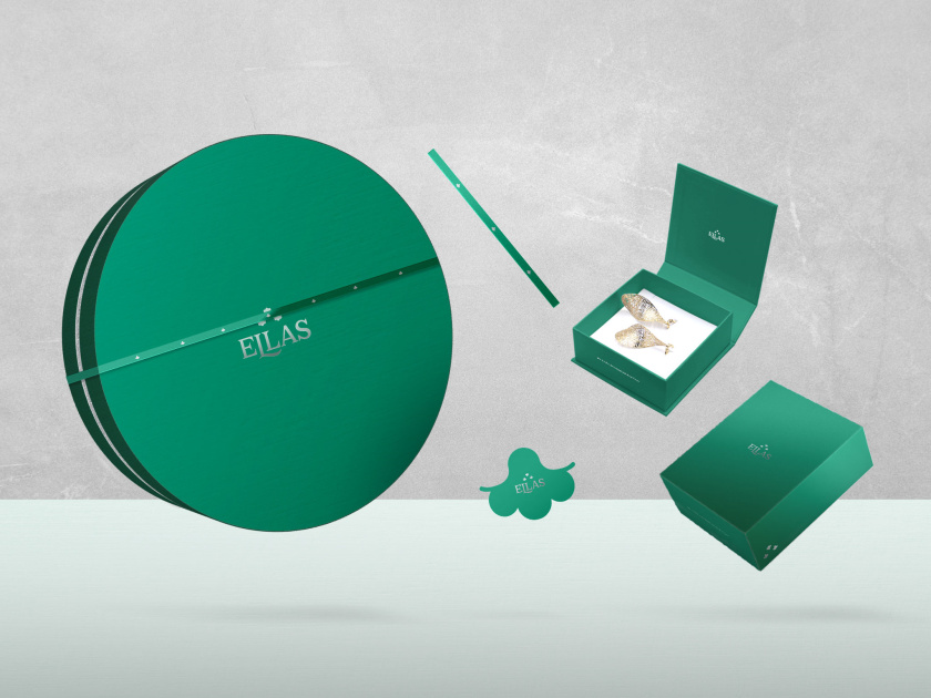 ELLAS珠寶品牌logo設計與品牌vi形象設計,三個花朵徽章 ELLAS珠寶品牌logo設計與品牌vi形象設計,三個花朵徽章