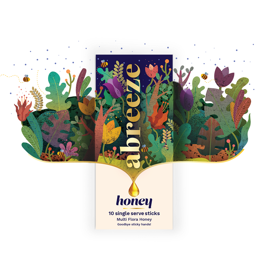 Abreeze 多花蜂蜜包裝設(shè)計(jì)，展現(xiàn)蜜蜂采集花蜜過程插畫