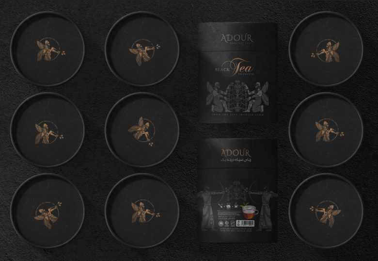 黑色風格Adour伊朗紅茶包裝設計，波斯第一帝國士兵插畫設計