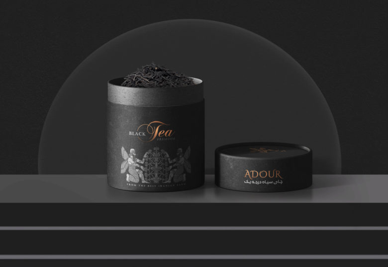 黑色風格Adour伊朗紅茶包裝設計，波斯第一帝國士兵插畫設計