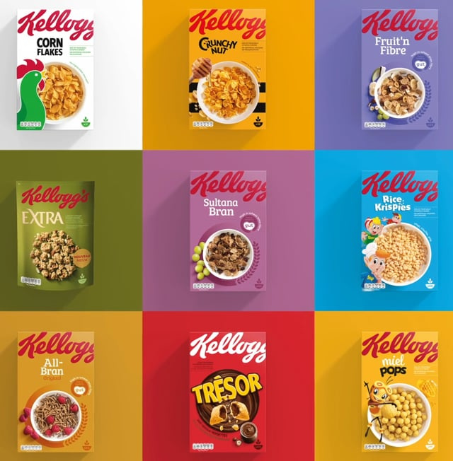 凱洛格早餐桌主食品牌包裝設(shè)計，簡約風(fēng)格突出品牌logo與自然谷物