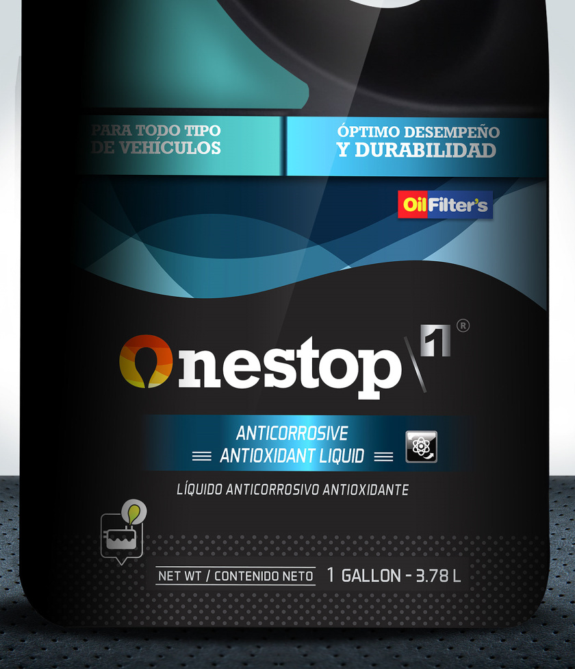 OneStop 汽車(chē)潤(rùn)滑油包裝設(shè)計(jì)，動(dòng)態(tài)漸變色塊風(fēng)格