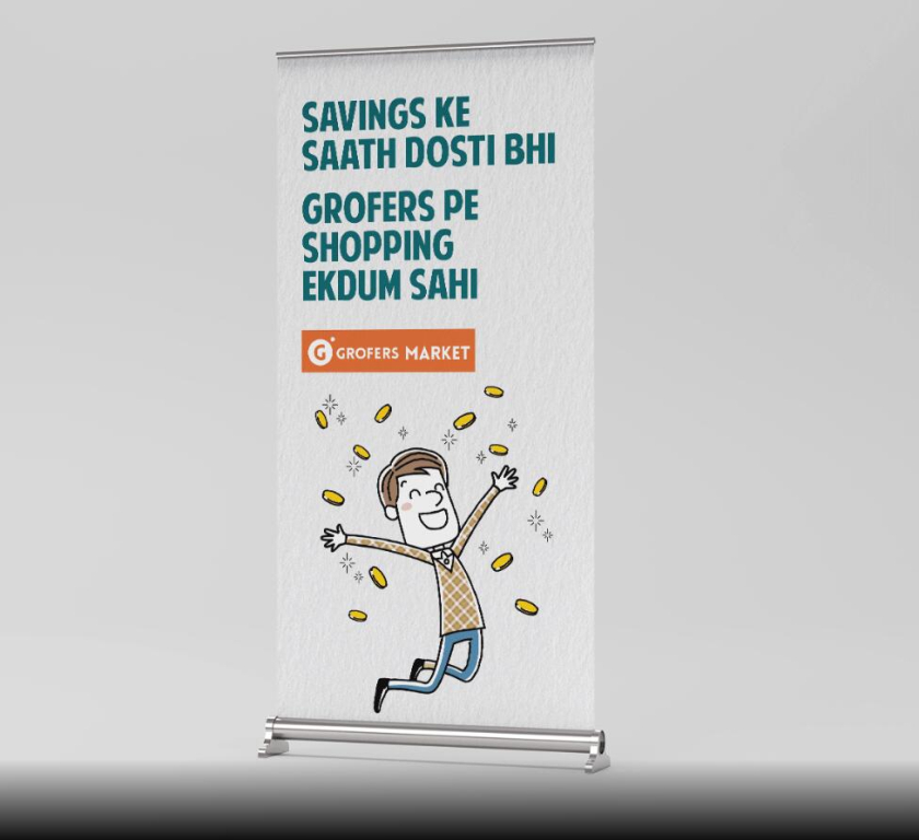 Grofers Market 食品超市品牌vi形象設(shè)計(jì)與輕松快樂的人物購物插畫設(shè)計(jì)