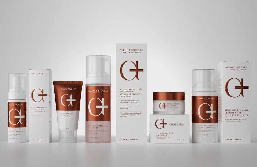 Alloga Biocare高端化妝品包裝設計，古銅色“a+”連字形成醫(yī)學和美學關(guān)系視覺符號