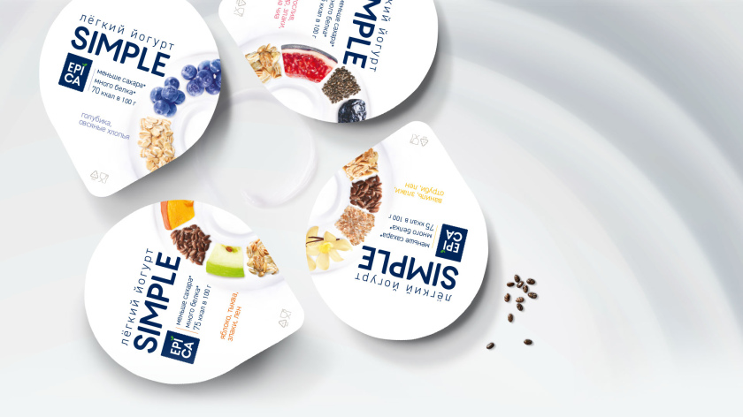 Epica Simple 低糖酸奶包裝設(shè)計(jì)，酸奶添加的谷物及水果顆粒，組成O字符號(hào)