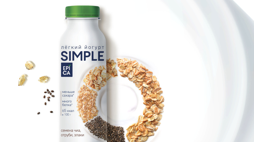 Epica Simple 低糖酸奶包裝設(shè)計(jì)，酸奶添加的谷物及水果顆粒，組成O字符號(hào)