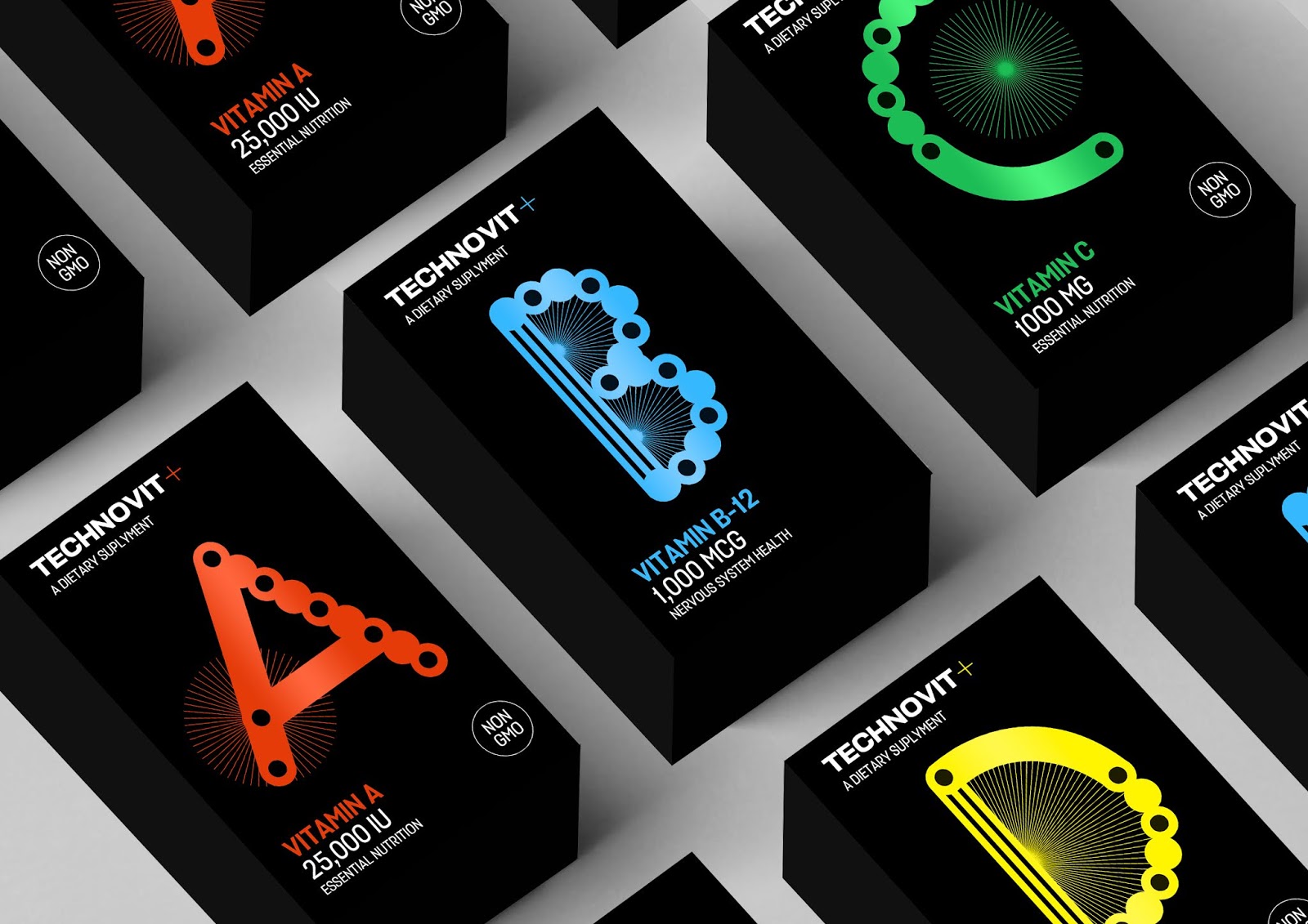 TECHNDVIT維生素包裝設(shè)計“字母風(fēng)格”，源自電子音樂的的明亮全息圖像和配色