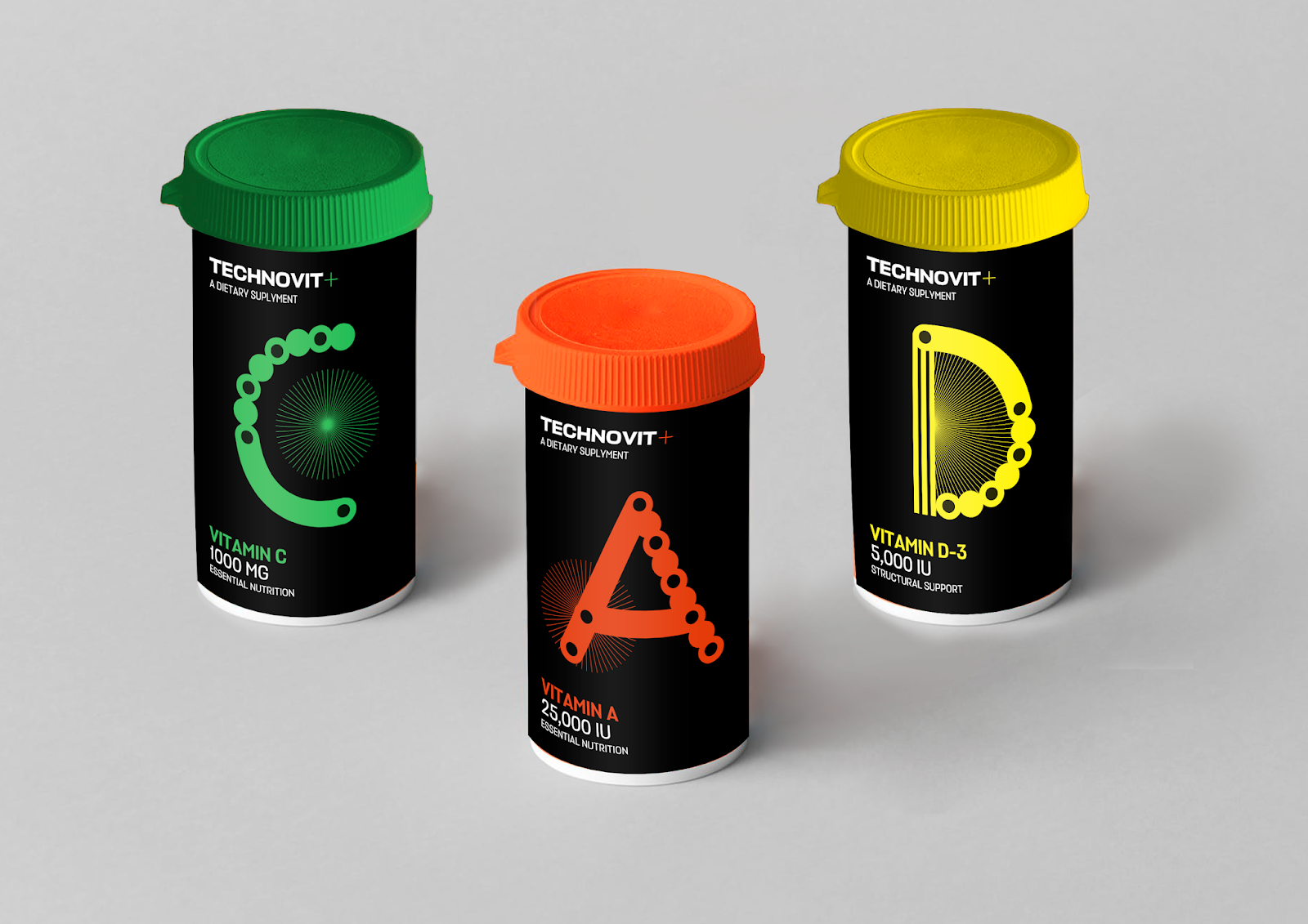 TECHNDVIT維生素包裝設(shè)計“字母風(fēng)格”，源自電子音樂的的明亮全息圖像和配色