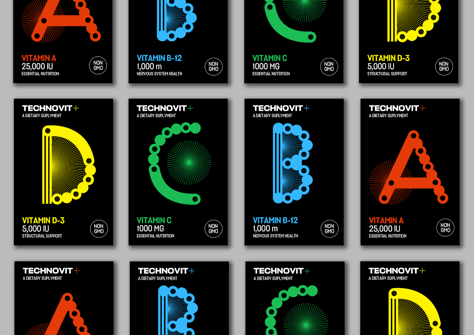 TECHNDVIT維生素包裝設(shè)計“字母風(fēng)格”，源自電子音樂的的明亮全息圖像和配色