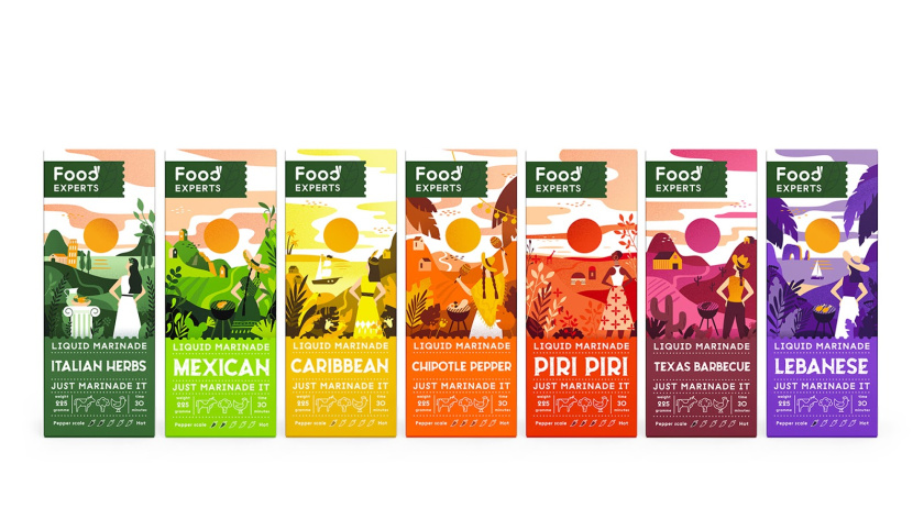 液體腌料調(diào)味品食品包裝設(shè)計(jì)，色彩鮮艷的女孩戶(hù)外燒烤插畫(huà)設(shè)計(jì)