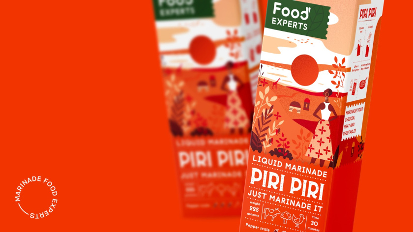 液體腌料調(diào)味品食品包裝設(shè)計，色彩鮮艷的女孩戶外燒烤插畫設(shè)計