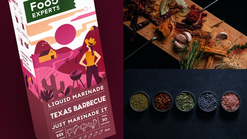 液體腌料調(diào)味品食品包裝設(shè)計，色彩鮮艷的女孩戶外燒烤插畫設(shè)計