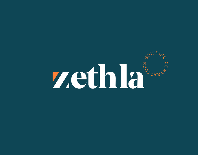 Zethla 建筑公司logo設(shè)計(jì)vi設(shè)計(jì)，正方形被斜切出字母Z+藍(lán)橙工業(yè)配色