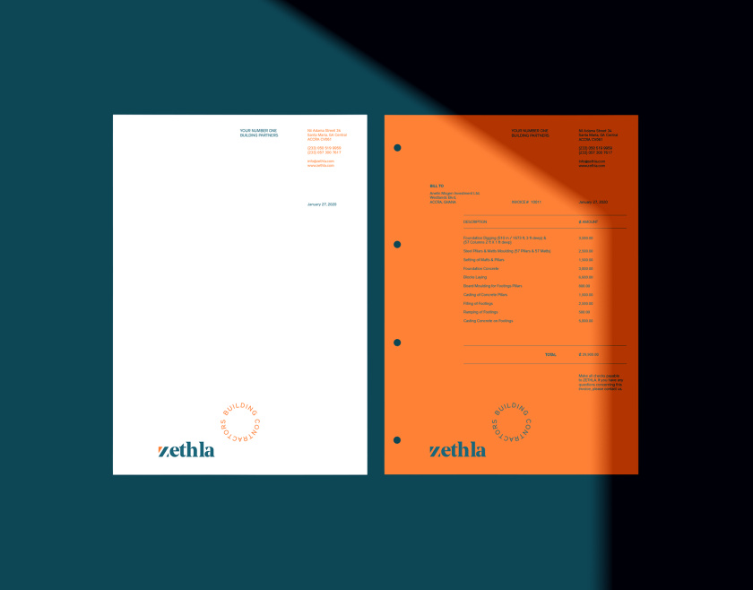 Zethla 建筑公司logo設(shè)計(jì)vi設(shè)計(jì)，正方形被斜切出字母Z+藍(lán)橙工業(yè)配色