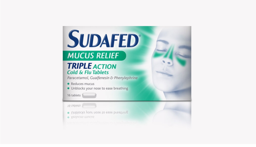 蘇達(dá)飛Sudafed 鼻子和鼻竇充血?jiǎng)┧幤钒b設(shè)計(jì)，標(biāo)志性的臉部圖形表達(dá)癥狀緩解