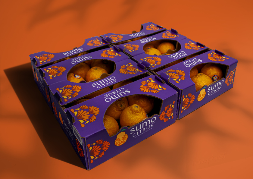 Sumo Citrus 橘子包裝箱設(shè)計(jì)靈感來自水果的獨(dú)特形狀和日式圖案