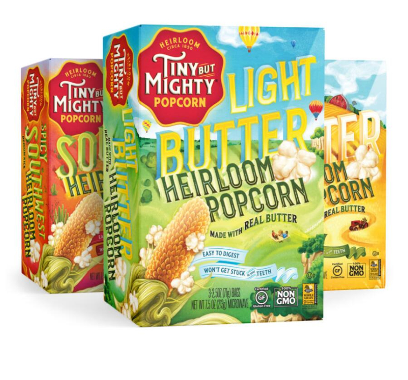 Tiny Mighty 袋裝爆米花包裝設(shè)計，非常藝術(shù)的田園風(fēng)格玉米與農(nóng)莊插畫設(shè)計