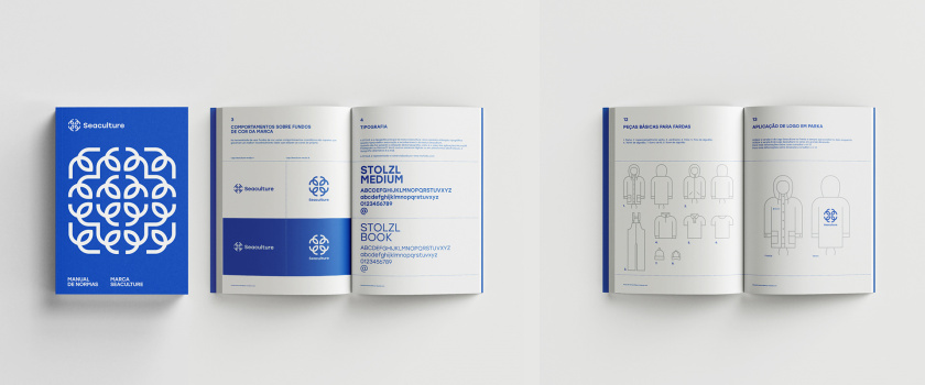 Seaculture 海水養(yǎng)殖海鮮品牌logo與vi識(shí)別設(shè)計(jì)，四個(gè)線條魚組合