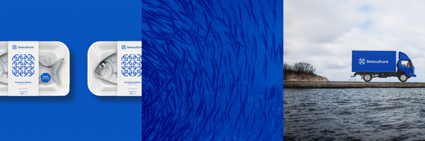 Seaculture 海水養(yǎng)殖海鮮品牌logo與vi識(shí)別設(shè)計(jì)，四個(gè)線條魚組合