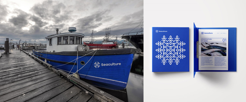 Seaculture 海水養(yǎng)殖海鮮品牌logo與vi識(shí)別設(shè)計(jì)，四個(gè)線條魚組合