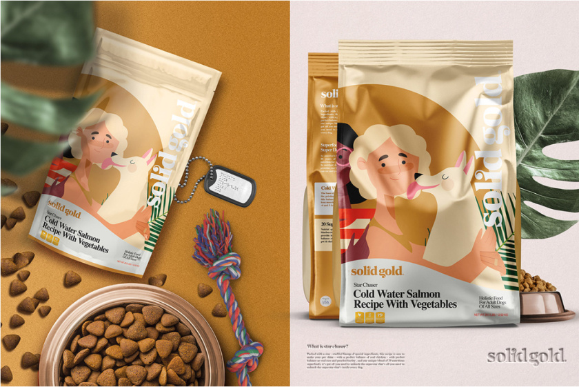 Solid Gold 純金狗糧包裝設計，寵物與主人的簡約扁平插畫風格