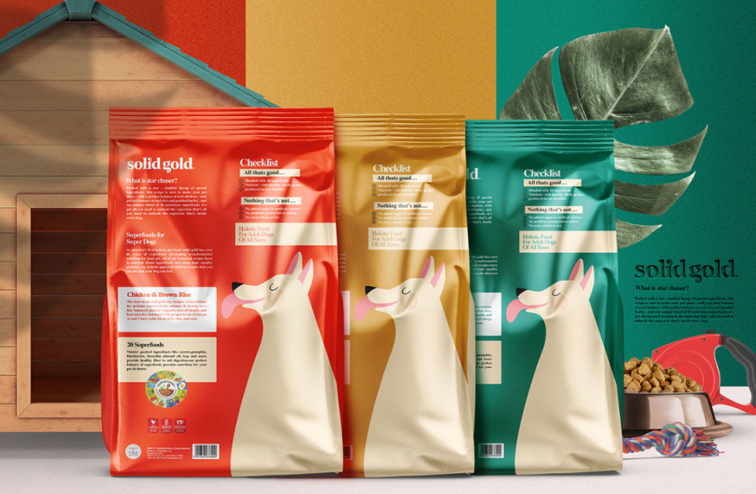 Solid Gold 純金狗糧包裝設計，寵物與主人的簡約扁平插畫風格