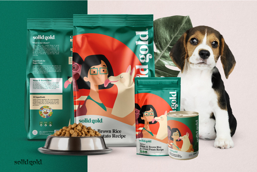Solid Gold 純金狗糧包裝設計，寵物與主人的簡約扁平插畫風格