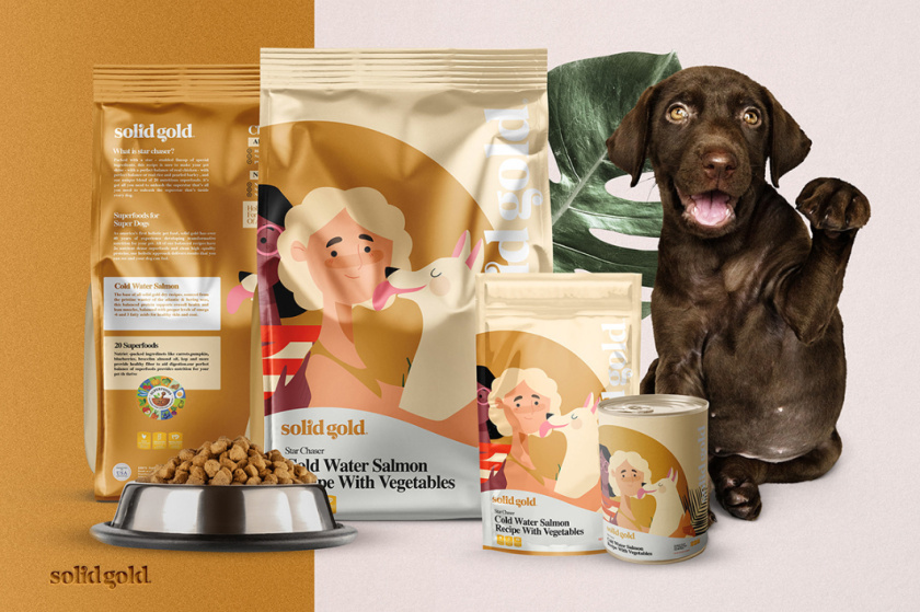 Solid Gold 純金狗糧包裝設計，寵物與主人的簡約扁平插畫風格