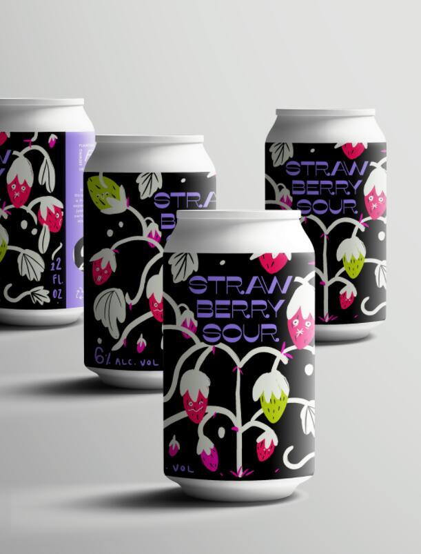 Strawberry Sour 草莓酸易拉罐啤酒包裝設(shè)計(jì)黑底草莓插畫設(shè)計(jì)