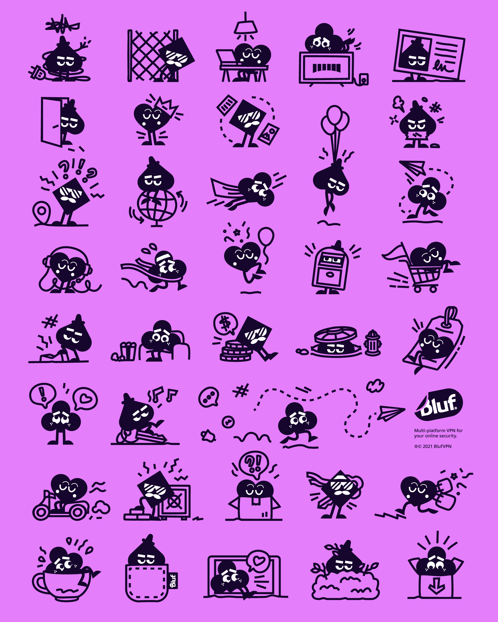 Bluf翻墻與隱私保護(hù)VPN軟件品牌設(shè)計(jì)ip卡通-基于撲克牌套裝的人物：鉆石（?）、球桿（?）、心（?）和黑桃（?）。