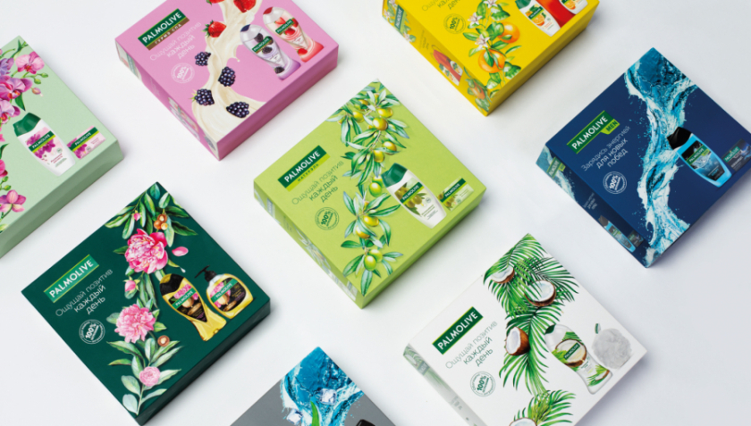 Palmolive 洗護(hù)沐浴露禮品套裝禮盒包裝設(shè)計(jì)，對(duì)角線植物圖案