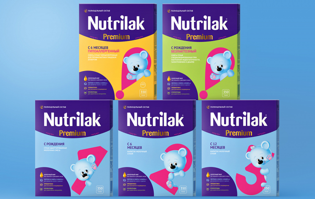 Nutrilak 品牌嬰兒配方奶粉包裝設計，品牌特征小熊與奶粉階段數(shù)字結(jié)合
