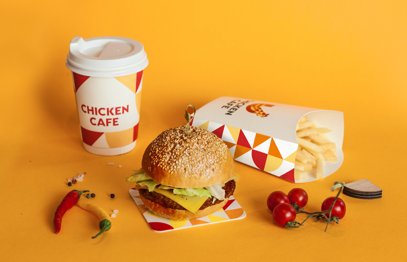 Chicken Cafe 幾何色塊小雞咖啡餐飲”LOGO+輔助圖形”設(shè)計(jì)