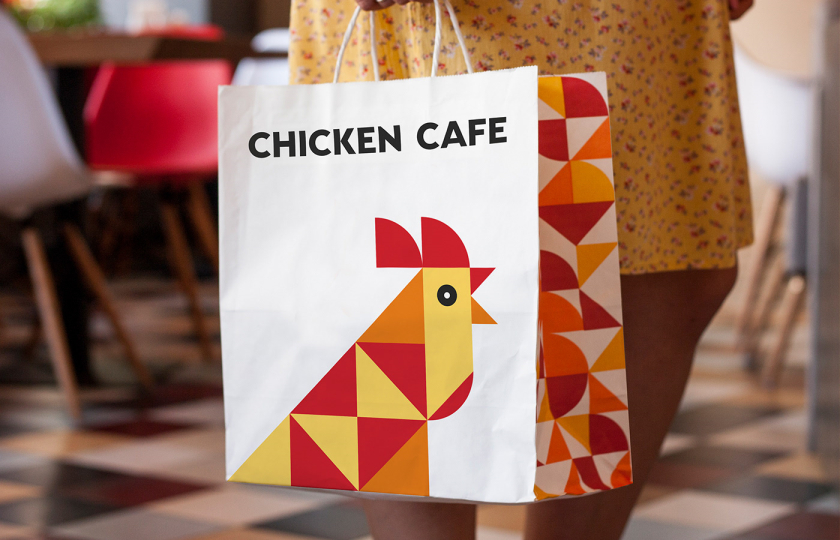 Chicken Cafe 幾何色塊小雞咖啡餐飲”LOGO+輔助圖形”設(shè)計(jì)