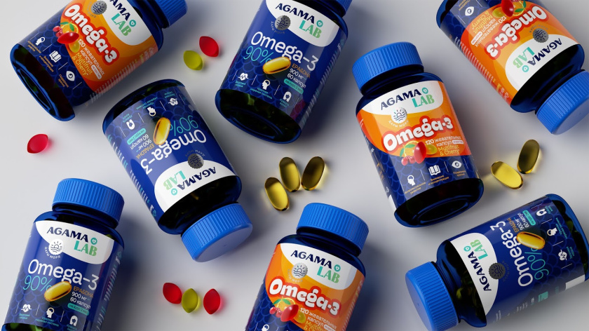 Agama lab魚肝油Omega-3魚油保健品包裝設計，注重信息分類處理