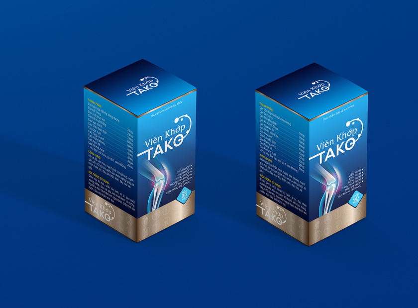 Tako 關(guān)節(jié)補(bǔ)充劑藥品保健品包裝設(shè)計(jì)，膝關(guān)節(jié)在藍(lán)色光面紙材料的圖像顯示