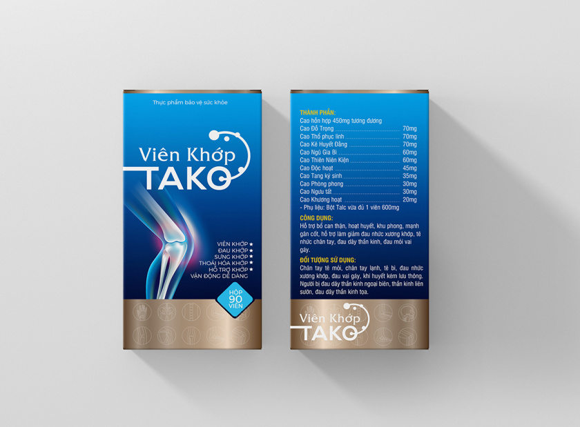 Tako 關(guān)節(jié)補(bǔ)充劑藥品保健品包裝設(shè)計(jì)，膝關(guān)節(jié)在藍(lán)色光面紙材料的圖像顯示
