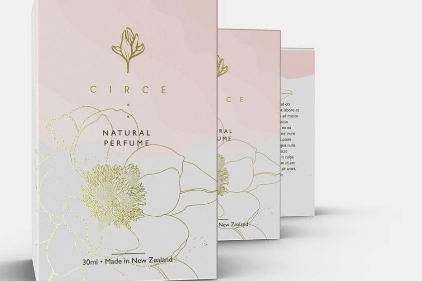 右圖：粉色和金色香水品牌設(shè)計