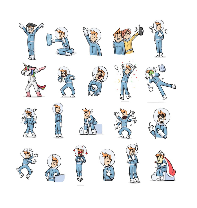 設計聊天個性表情包（卡通吉祥物表情符號）-宇航員卡通吉祥物角色的表情符號設計
