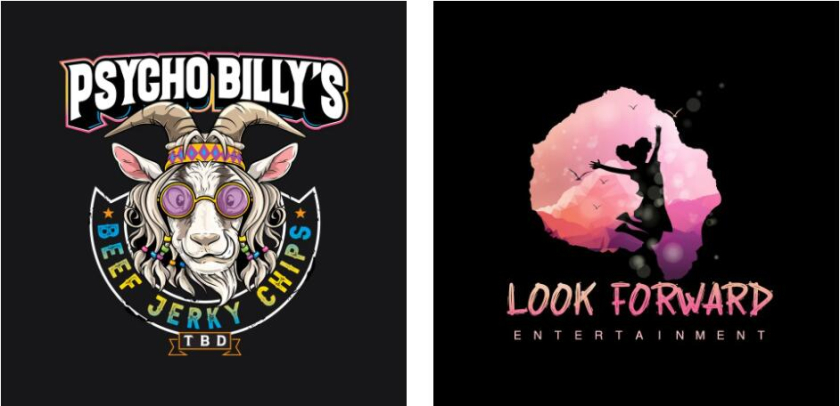 左圖：顯示目標(biāo)和漸變文本的彩色徽標(biāo) 右圖：黑色標(biāo)志，頭形鏤空，顯示粉紅色條紋背景和女孩的輪廓