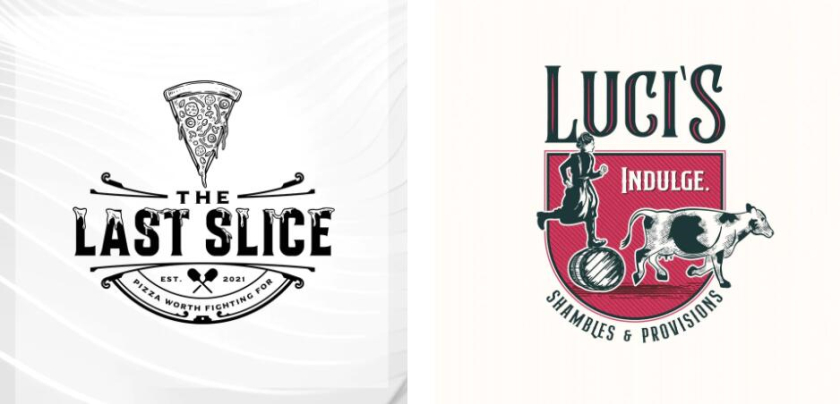 左圖：帶有披薩片圖像的黑白徽標(biāo)logo 右圖：帶有標(biāo)語(yǔ)的紅色和灰色標(biāo)志logo顯示一個(gè)女人在桶上追逐一頭牛