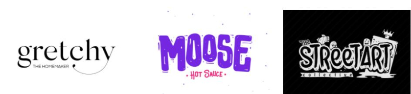 左圖：小寫襯線字體徽標(biāo) 中圖：帶有線條圖案的白色背景下的厚紫色文本 右圖：黑色背景下的白色涂鴉風(fēng)格文本