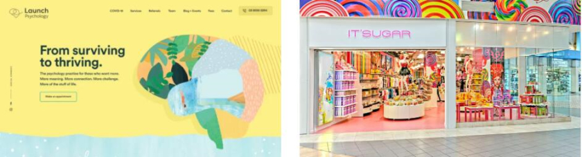 左圖：Realysys 的網(wǎng)頁(yè)設(shè)計(jì) 右圖：五顏六色的糖果店外觀