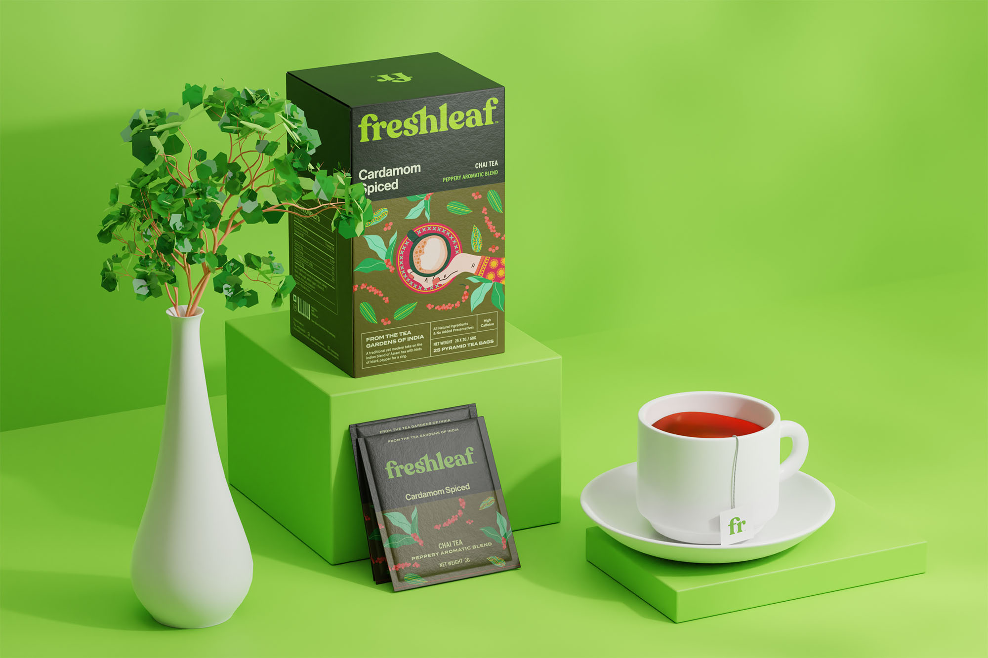 Freshleaf袋泡茶葉包裝設(shè)計(jì)，現(xiàn)代時(shí)尚矢量插畫(huà)風(fēng)格
