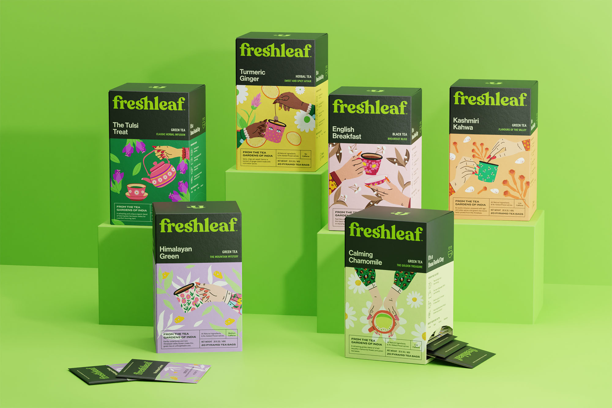 Freshleaf袋泡茶葉包裝設(shè)計(jì)，現(xiàn)代時(shí)尚矢量插畫(huà)風(fēng)格