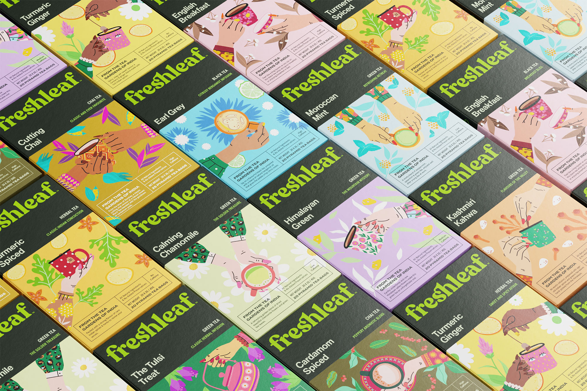 Freshleaf袋泡茶葉包裝設(shè)計(jì)，現(xiàn)代時(shí)尚扁平矢量插畫(huà)風(fēng)格