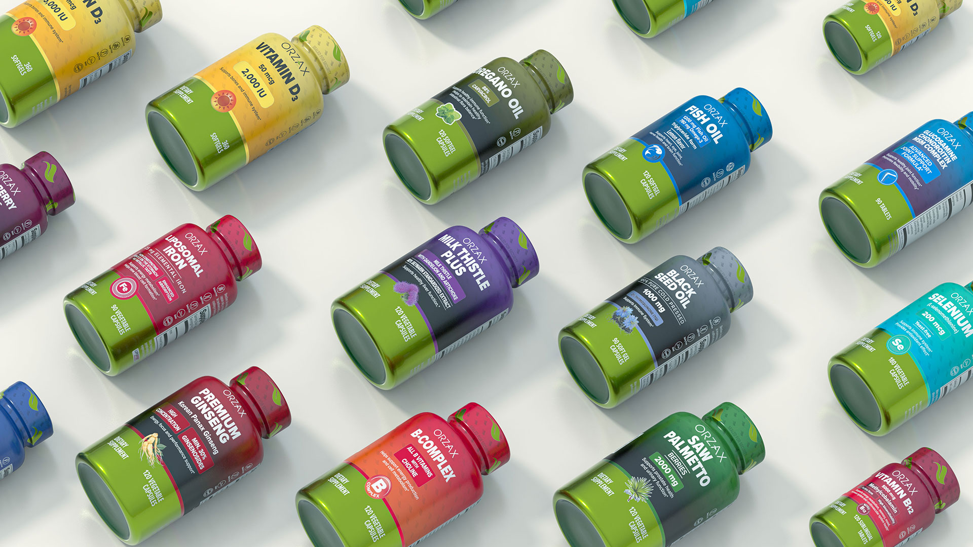 Orzax品牌營養(yǎng)補充劑系列保健品包裝設(shè)計，綠色搭配變色，啞光+金屬色