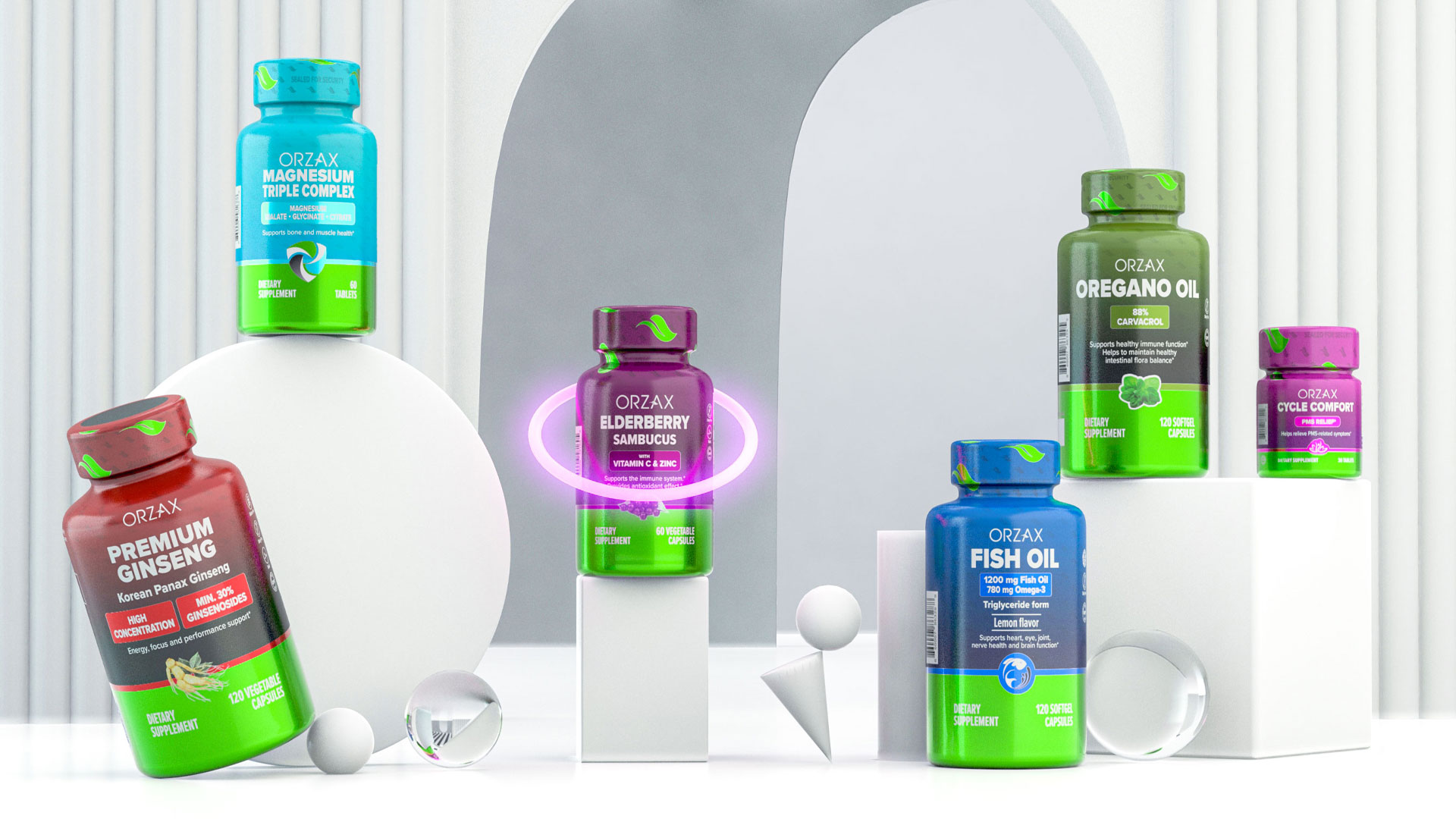 Orzax品牌營養(yǎng)補充劑系列保健品包裝設(shè)計，綠色搭配變色，啞光+金屬色