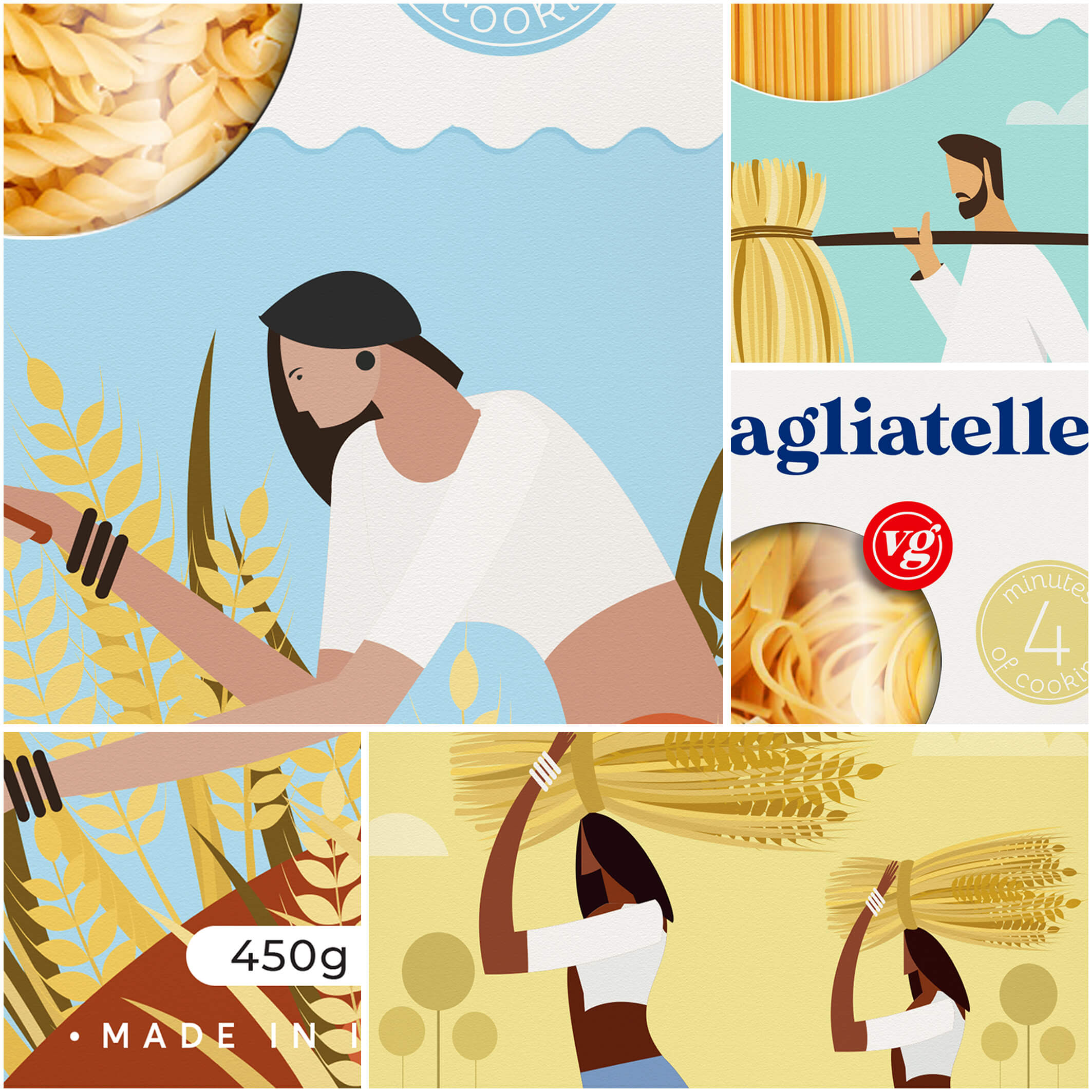 VG PASTA（意大利面）面條面皮面食包裝設(shè)計(jì)，農(nóng)民耕種插畫
