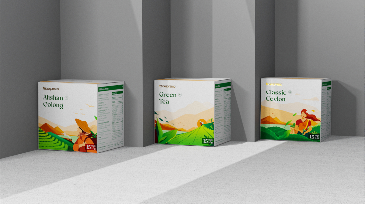 Teaepresso 袋泡茶茶葉包裝設(shè)計(jì)”茶園與飲茶插畫''''''''